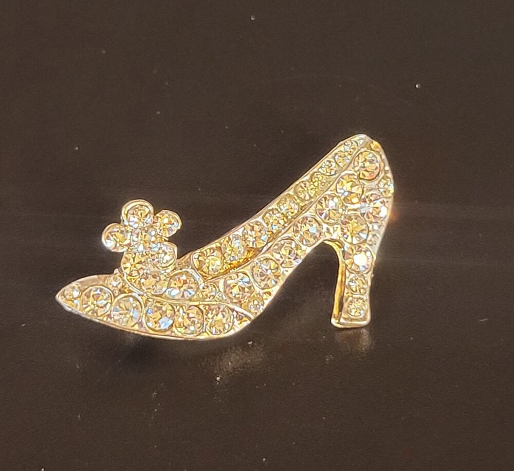 Vintage Gold-Tone Rhinestone High Heel Shoe Brooch Pin 1.4" Sparkling, Gift Box